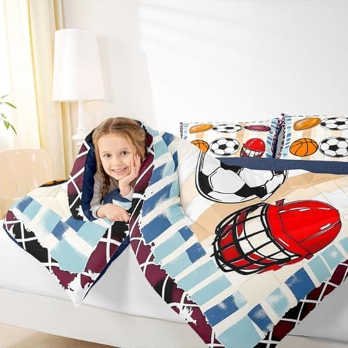 jejeloiu Ball Games Kids Comforter Set Toddler Size Soccer Basketball Baseball Football Bedding Set Gaming Sports Duvet Quilt for Kids Boys Girls Bedroom Sports Theme Decor Microfiber Ultra Soft