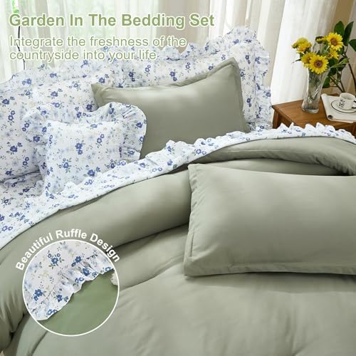 WONGS BEDDING 8PC Queen Comforter Set, Ruffle Comforter with Floral Sheets