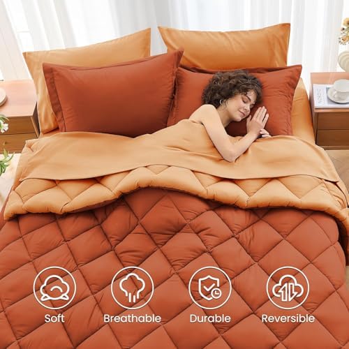 MUXHOMO 7 Pieces Full Comforter Set, Reversible Bed in a Bag Full Size, All Season Bedding Set with Comforter, Flat Sheet, Fitted Sheet, Pillowcases & Shams, Burnt Orange & Camel