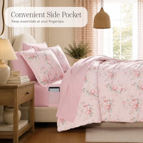 BLOOMHAVEN Queen Comforter Set-7 Pieces Pink Floral Bed in a Bag Queen