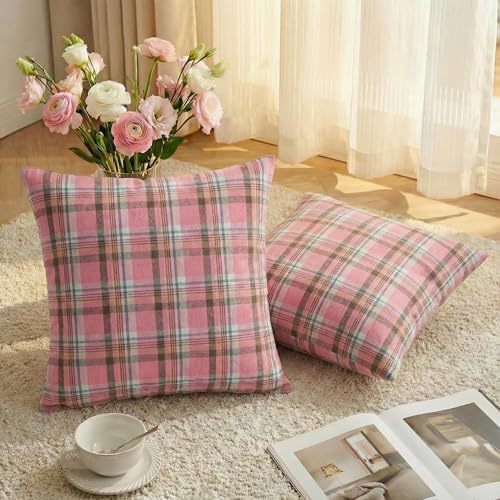 AVOIN colorlife Spring Summer Pink Brown Plaid Decorative Throw Pillow Covers, 18 x 18 Inch Holiday Scottish Tartan Cushion Case Farmhouse Decoration for Sofa Couch Set of 2