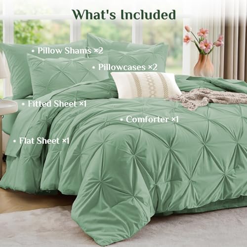JOLLYVOGUE Full Size Comforter Sets 7 Pieces - Bed in a Bag Full for All Season, Pintuck Bedding Comforter Sets with Comforter, Flat Sheet, Fitted Sheet and Pillowcases & Shams, Sage Green