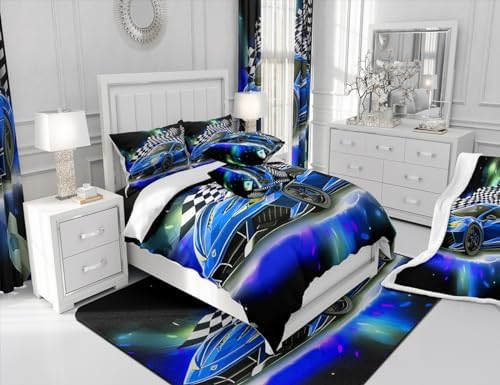 Feelyou Blue Racing Car Comforter Bed in A Bag King Size for Kids Teens