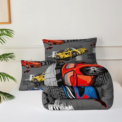 Race Car Queen Comforter Set for Boys,Race Car Queen Bedding Sets for Boys,Hot Wheels Cars Queen Bedding Set,Race Car Theme Room Decor
