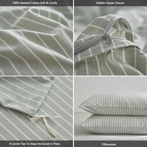 MooMee Striped Duvet Cover Set 100% Washed Cotton Linen Like Super King