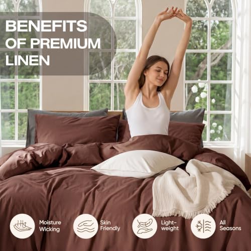 100% Pure Linen Blend 4 Piece Sheet Set, Cooling and Breathable Flax Bed Sheets for Hot Sleepers, All Season Comfort, Anti-Tear and Durable Bedding, 18 Inch Deep Pocket(Chocolate Brown,Queen)