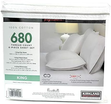 Kirkland Signature King Bright White 680 Thread Count Sheet Set 6 Piece Deep Pockets