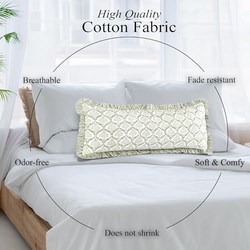 CPC Block Print Fern Regal Ruffle Cotton Lumbar Pillow Cover 14x36 inch