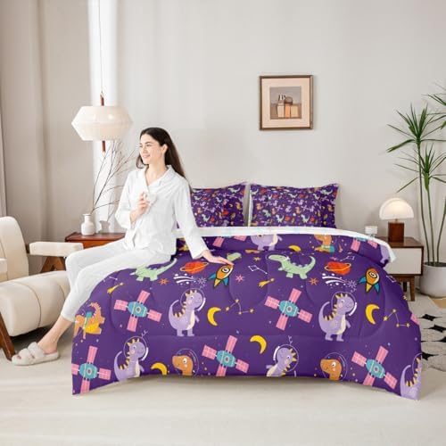 Feelyou Kids Cute Dinosaur 7 Piece Bedding Set Full Size Solar System Comforter Set with Sheets for Boys Girls Moon Star Print Bed in a Bag Purple Bed Set