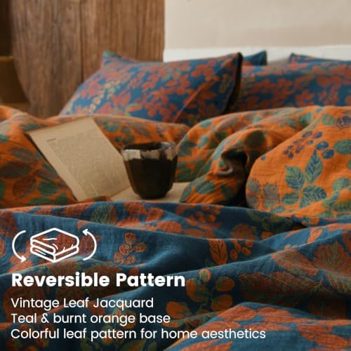 BISELINA 100% Cotton Muslin Duvet Cover Set King, 3 Pcs Yarn-Dyed Jacquard Textured Reversible Floral Design, Soft and Breathable Bedding Set with Zipper Closure, Leaf Blue Orange
