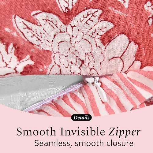 CPC Block Print Pink Coral Ruffle Cotton Lumbar Pillow Cover 20x54 inch
