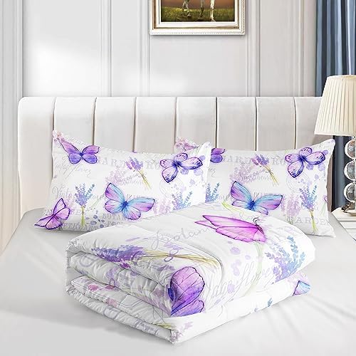 Butterfly Comforter Set Twin Size for Girls Kids Adults Lavender Flowers Pattern Bedding Set Aesthetics Butterflies Quilt Bed Set with 1 Comforter and 2 Pillowcases