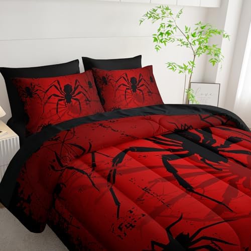 Boys Spider Printed Comforter Set Bed in A Bag FULL Size 7PCS Red Bedding Set Cool Black Spider Comforter Set ,Bed Sheet Set Spider Decor For Girls Boys Kids,Microfiber Lightweight All Season