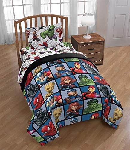 Jay Franco Marvel Avengers Team 4 Piece Twin Bed Set - Includes Reversible Comforter & Sheet Set - Super Soft Fade Resistant Polyester - (Official Marvel Product)