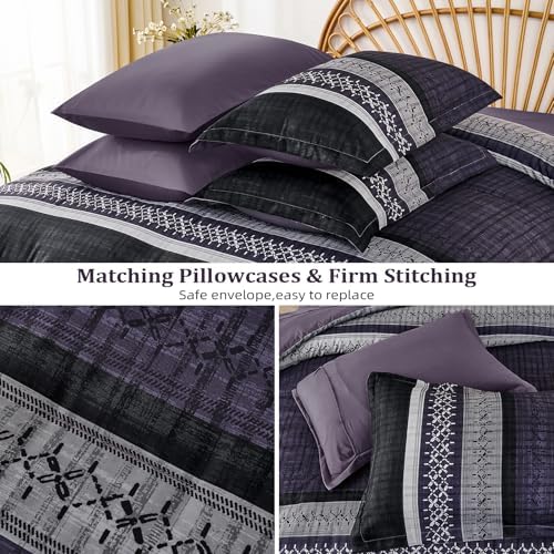 Dintszyayue Purple Comforter Set Queen Size, 8 Pieces Boho Striped Bed in a Bag Soft Microfiber Bedding Set for All Season