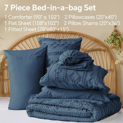 BEDELITE King Comforter Set 7 Pieces,Boho Bed in a Bag,Navy Blue