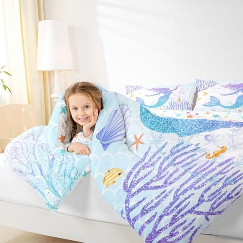 Castle Fairy Mermaid Comforter Set Twin Size Rainbow Watercolor Glitter Bedding Set for Kids Girls Women Teens Room Decor, Mermaid Fish Scale Quilt Set Ocean Coral Shell Duvet Insert 2pcs