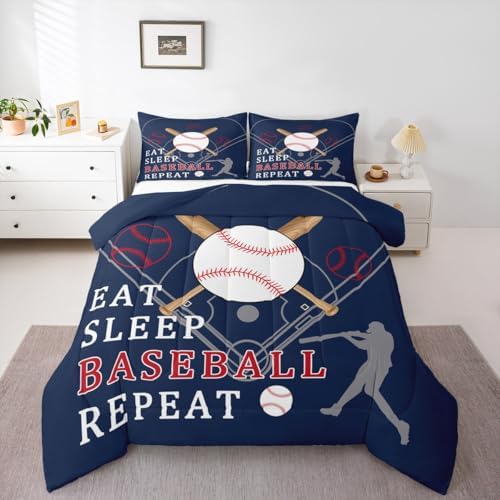 Castle Fairy Kids Baseball Gaming Twin Size Comforter Set,Softball Navy Blue Duvet Set Soft Bed Collection,Ball Games Sport Theme Bedding Comforter for Boys Girls Bedroom,2 Pcs