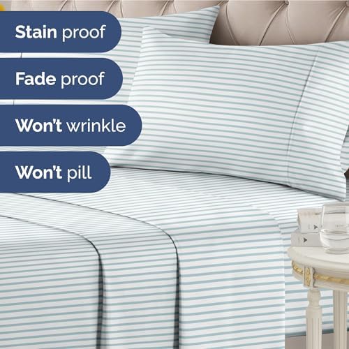 King 4 Piece Striped Sheet Set - Soft, Breathable & Cooling - Ocean Stripe