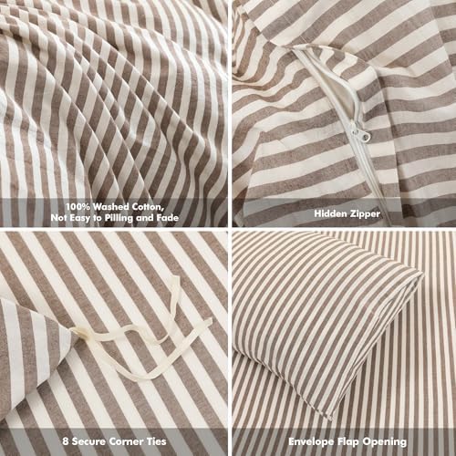 FOSSA Striped Duvet Cover Set 100% Washed Cotton Linen Feel Full