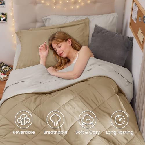 MUXHOMO 5 Pieces Twin XL Comforter Set, Reversible Bed in a Bag Twin XL Size, All Season Bedding Set with Comforter, Flat Sheet, Fitted Sheet, Pillowcases & Shams, Khaki & Linen