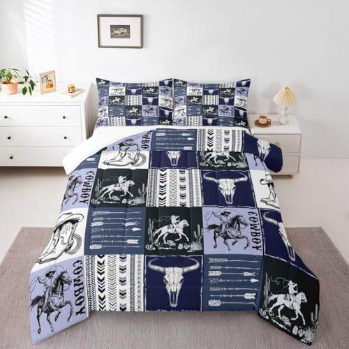 Manfei Cowboy Comforter Set Twin Size, Horse Bull Skull Cowboy Boots Hat Bedding Set 2pcs, Kids Boys Teens Room Decor, Boho Navy Blue Lattice Patchwork Down Comforter Western Quilt Set, 1 Pillowcase