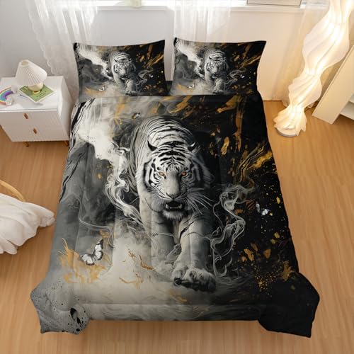 Nttopship White Tiger Comforter Set King Size,White Tiger Wild Animal 3 Pcs Bedding Set for Men Women Adults,3D Wildlife Animals Room Decor Ultra Soft with 1 Comforter and 2 Pillowcase