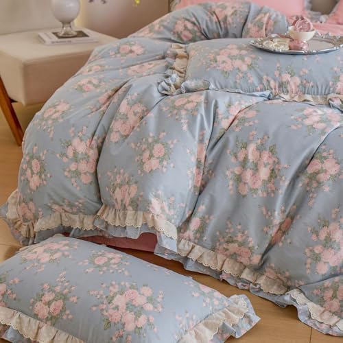 Vintage Blue Floral Duvet Cover Set Queen, 100% Cotton Pink Flower Botanical Bedding Set with Ruffle Lace, Cottagecore Style Princess Lace Duvet Cover, Aesthetic Flower Ruffle Comforter Cover Queen