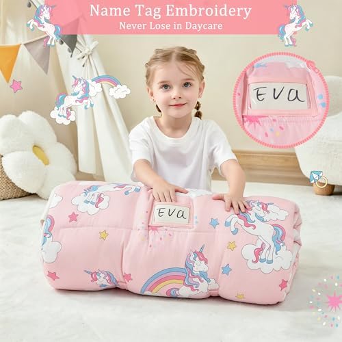Toddler Nap Mat for Preschool 50''x30'' Sleeping Mat with Removable Pillow and Minky Blanket for Kids Ages 3-7 Roll Up Soft Sleeping Bag for Boys Girls Kindergarten Daycare Sleepover