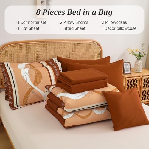 Anibedding Comforter Set Queen Size,8 Pieces Burnt Orange Bed in a Bag