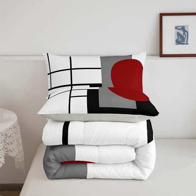 Erosebridal White Black Red Striped Twin Bedding Sets for Adult Women Men Boho Modern Geometric Abstract Comforter Set Stripes Lines Quilt Set Minimalist Square and Circle Bed Collections