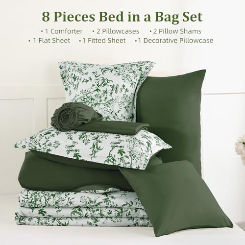 King Size Comforter Set 8 Pieces Emerald Floral Bed in a Bag Comforter Sets