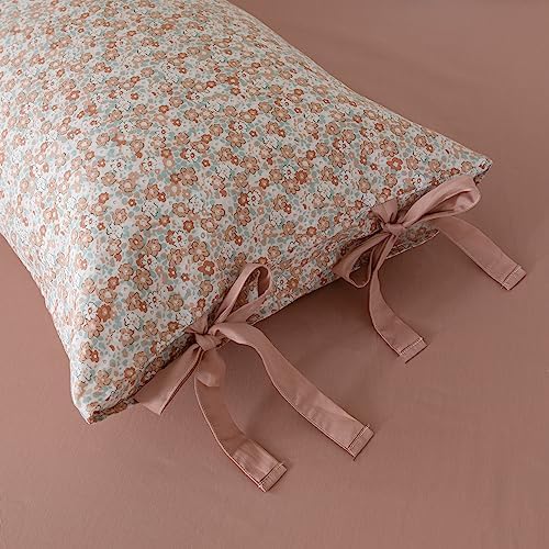 mixinni Girls Bedding Duvet Cover Twin Size Vintage Style Pink Small Floral Print Duvet Cover Set Soft Cotton 1 Duvet Cover with 2 Bow Ties Pillowcases-Easy Care, Soft and Durable