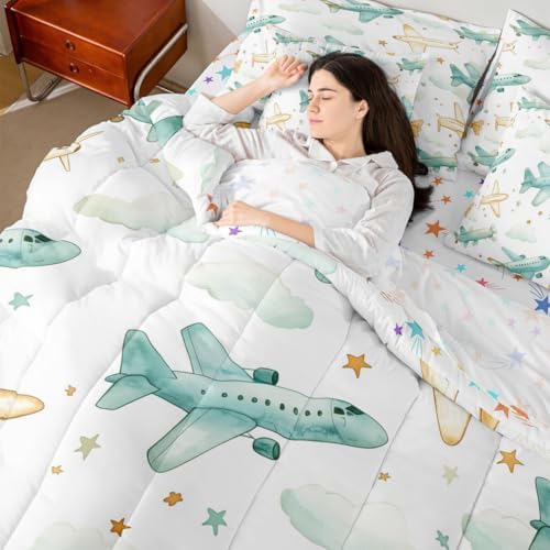 Erosebridal Colorful Aircraft King Size Comforter Set with Sheets for Boys, Cartoon Airplane 7 Pcs Bedding Set, Star White Cloud Bed in A Bag, Dreamy Aviation Theme Bed Sets for Kids Girls Adults