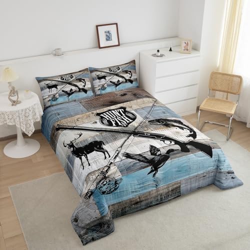 Hunt Fish Bedding Comforters Queen Size,Deer Bird Fish Animal Hunting Comforter Set Adult Women Room Decor,Rustic Retro Wooden Board Soft Duvet Set with 2 Pillowcases,3Pcs