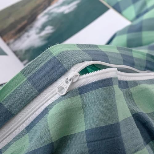 mixinni Green Gingham Grid Duvet Cover Queen, 100% Washed Cotton Modern Geometric Bedding Set with 2 Pillowcases, Farmhouse Style Blue Plaid Comforter Cover Set for Men & Women, Soft & Lightweight
