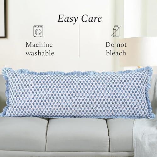 CPC Block Print Apatite Blue Ruffle Cotton Lumbar Pillow Cover 20x54 inch