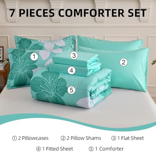 Luxudecor Aqua Comforter Set Full Size, 7 Pieces Floral Bed in a Bag