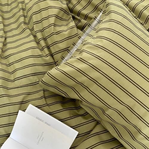 mixinni Vintage Mid-Century Striped Comforter Set Full - 3 Pieces 1 Fluffy Comforter&2 Pillowcases, Olive Green & Dark Brown Retro Striped Bed Set, All Season Lightweight & Breathable-Full Size