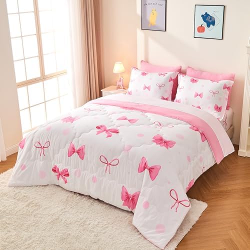 Wajade 7 Piece Pink Bow Bedding Set for Girls Kids Queen Size Comforter Set with Sheet and 2 Pillowcases 2 Pillow Shams Cute Girls Bed in a Bag as Birthday Choice