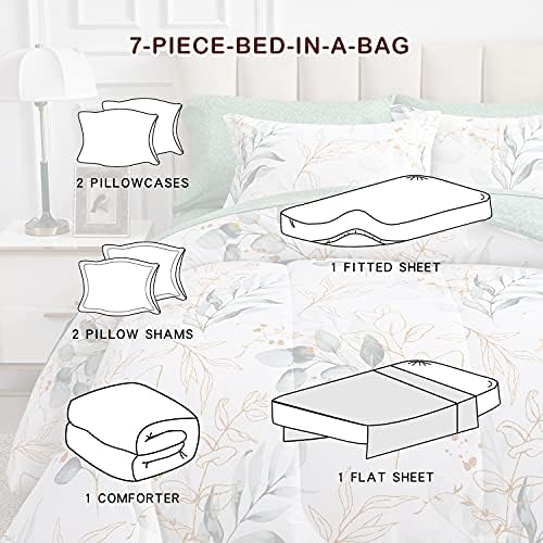 Joyreap 7 Piece Bed in a Bag King, Green Leaves Printed on White Botanical Design, Microfiber Comforter Set for All Season (1 Comforter, 2 Pillow Shams, 1 Flat Sheet, 1 Fitted Sheet, 2 Pillowcases)