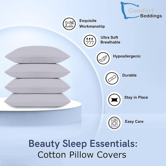 Comfort Beddings Queen Pillowcases Set of 4 – 100% Organic Cotton, 600 Thread Count Sateen, Soft & Comfy Pillow Covers with Envelope Closure, Silver, Queen Size 20 x 30 Inches