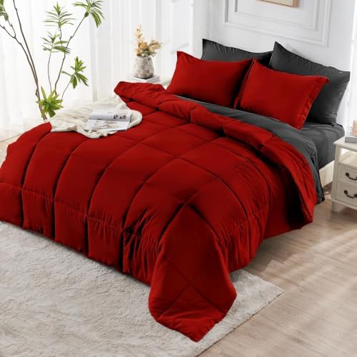 JOLLYVOGUE Twin Comforter Set, Ultra-Soft Bed in a Bag Twin Size 5 Pieces, Oeko-TEX Certified Bedding Set with Down Alternative Comforter, Sheets, Pillowcases & Shams, Red & Black
