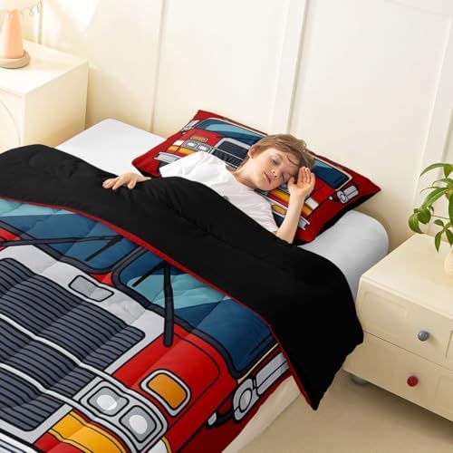 Feelyou Red Fire Truck Comforter Set Twin Size Firefighter Bedding Set for Kids Boys Girls Firemen Car Vehicle Duvet Quilt Bedroom Decor Microfiber 2 Pcs with 1 Pillow Case