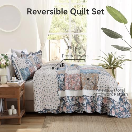 Yvooxny 3-Piece Quilt Set King Size Quilted Bedspread Reversible Country Style Blue Floral Paisley Real Patchwork Bedding Quilt Set with Ruffles with Pillowcases for All Seasons, 108 * 96 Inches