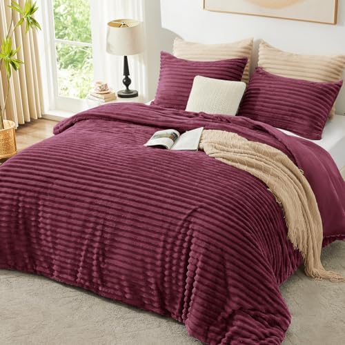 EXQ Home Fluffy Comforter Set Full Size,3 Pieces Bed Set,Burgundy