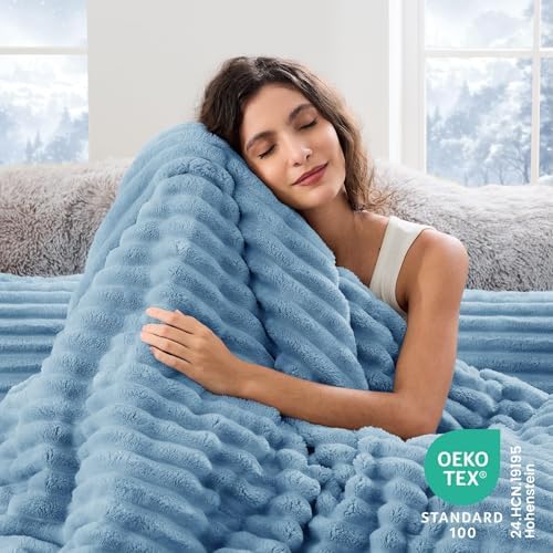 Sasttie Fluffy Full Comforter Set, 3 PC Soft Fleece Bedding, Greyish Blue