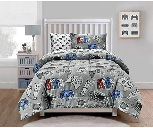 Kids Rule Glow in The Dark Gamer Bedding Set - Glow in The Dark Gamer Comforter - Vibrant Game Controller Print & Gaming Sheets - Full 7-Piece Boys Bedding Set - Full Size, Blue & Grey - Pack of 7
