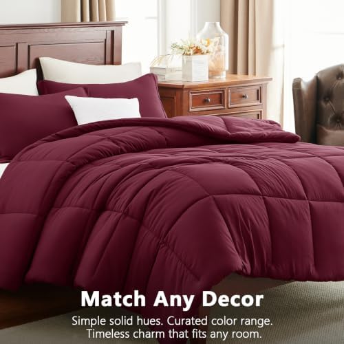 CozyLux King Size Comforter Set, 3-Piece Box-Stitched, Burgundy