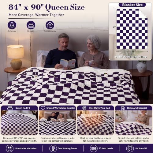 Deep Purple Electric Blanket Heated Queen Size, 84"X90" Dual Control